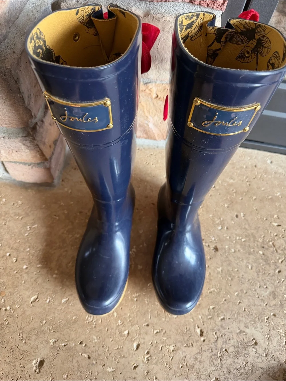 Joules Gloss Navy Tall Rain Boots with Gold Plaque Red Bows Gold Interior sz 7